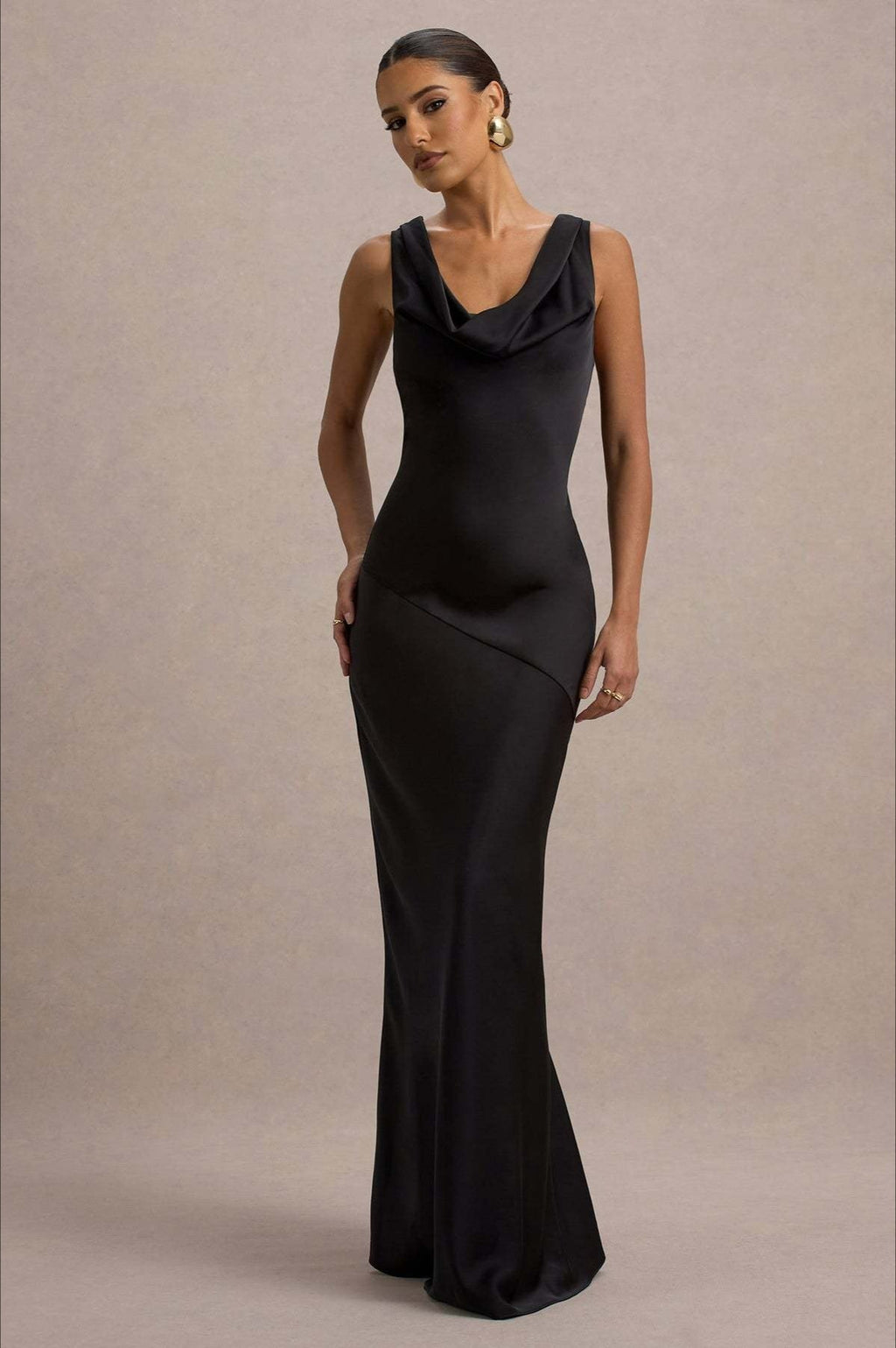 Satin Cowl Neck Wide Strap Diagonal Panel Column Maxi Gown