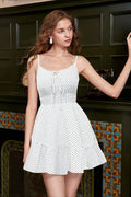 Polka Dot Spaghetti Strap Tie Front Keyhole Smocked Waist Ruffle Hem Mini Dress