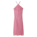 Plisse Pleated Halter Neck Cross Strap Spaghetti Strap Midi Dress