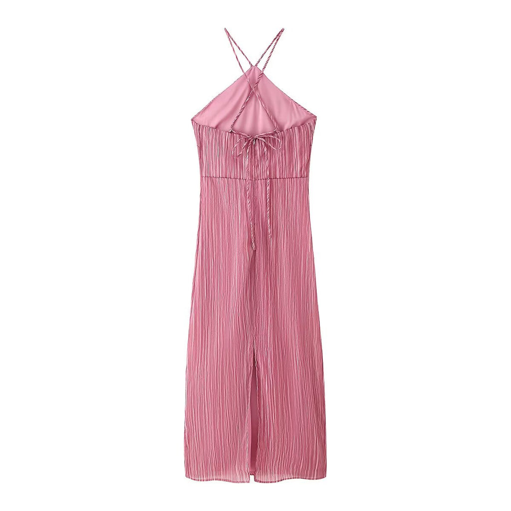 Plisse Pleated Halter Neck Cross Strap Spaghetti Strap Midi Dress