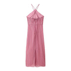 Plisse Pleated Halter Neck Cross Strap Spaghetti Strap Midi Dress