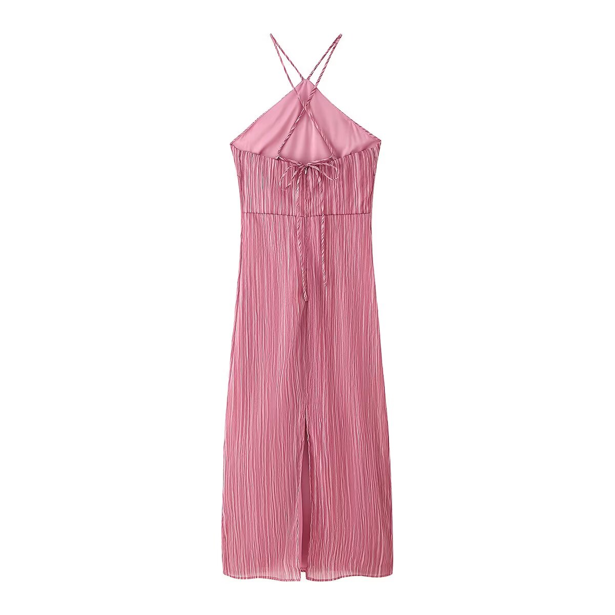 Plisse Pleated Halter Neck Cross Strap Spaghetti Strap Midi Dress