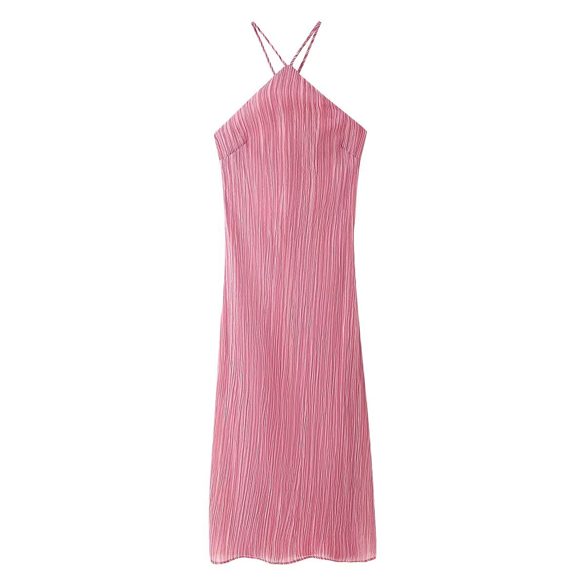 Plisse Pleated Halter Neck Cross Strap Spaghetti Strap Midi Dress