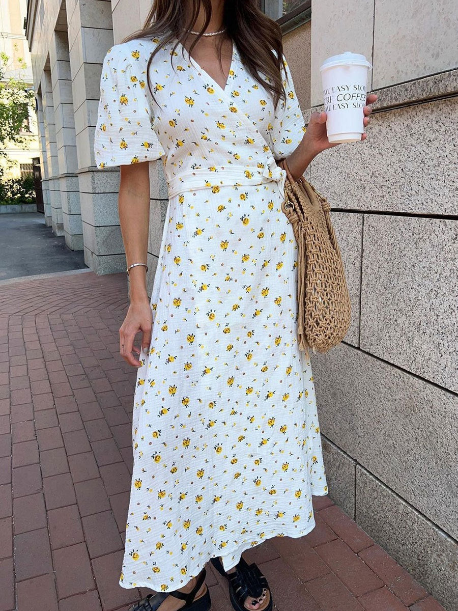 Pure Cotton Bandage Wrap-up Puff Sleeve Printed Comfort Maxi Dresses