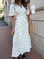 Pure Cotton Bandage Wrap-up Puff Sleeve Printed Comfort Maxi Dresses