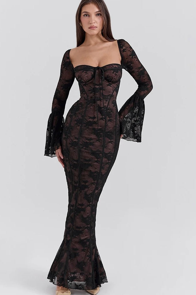 Square Sweetheart Tie Front Floral Lace Long Bell Sleeve Paneled Maxi Dress