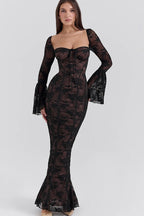 Square Sweetheart Tie Front Floral Lace Long Bell Sleeve Paneled Maxi Dress