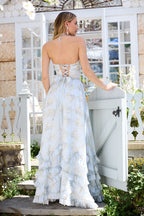 Halter Deep V Neck Pearl Trim Corset Bodice Tiered Ruffle Floral Maxi Gown