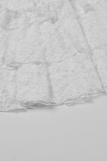 Floral Lace Crew Neck Buttoned Keyhole Cut Out Tiered Ruffle Mini Dress