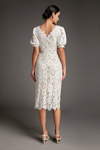 Lace Overlay Plunging V-Neck Rhinestone Trim Puff Sleeve Midi Dress