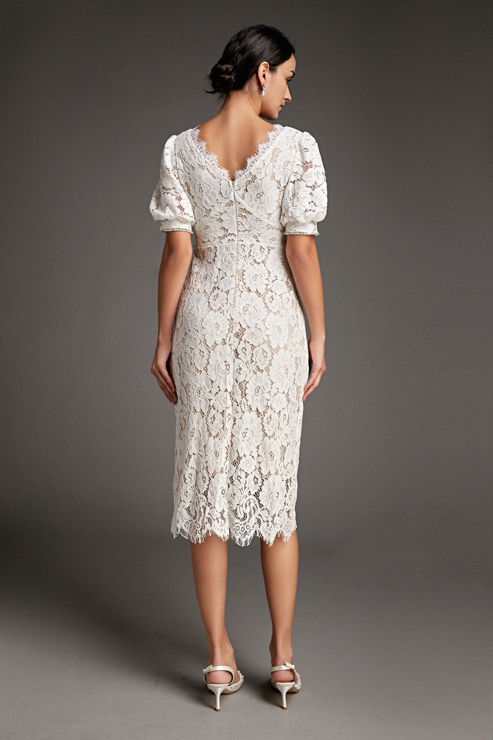 Lace Overlay Plunging V-Neck Rhinestone Trim Puff Sleeve Midi Dress