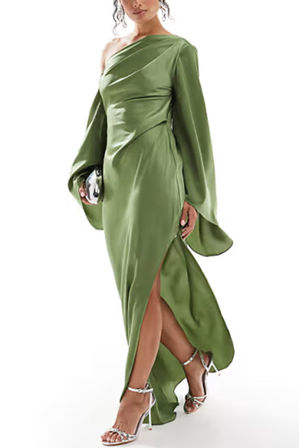 One Shoulder Bell Sleeve Asymmetric Slit Satin Maxi Gown