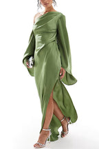 One Shoulder Bell Sleeve Asymmetric Slit Satin Maxi Gown