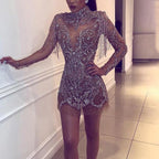 Beaded Mesh Mock Neck Open Back Fringe Trim Baroque Embellished Mini Dress