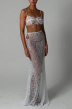 Stylish Lace Camisole Bra Top and Vacation See-through Maxi Fishtail Skirt Set