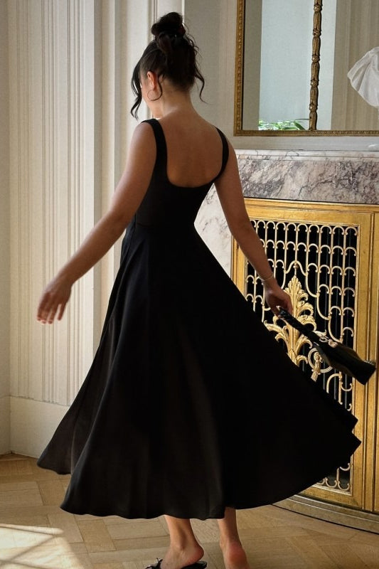Square Neck Sleeveless Basque Waist A Line Midi Dress