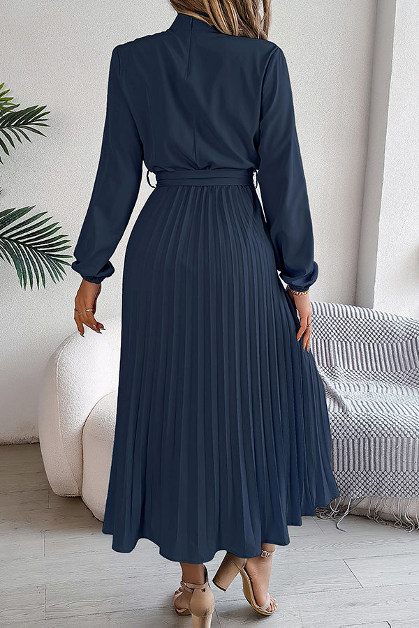 Mock Neck Lantern Sleeve Belted Pleated A-Line Midi Dress