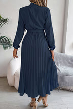 Mock Neck Lantern Sleeve Belted Pleated A-Line Midi Dress