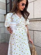 Pure Cotton Bandage Wrap-up Puff Sleeve Printed Comfort Maxi Dresses