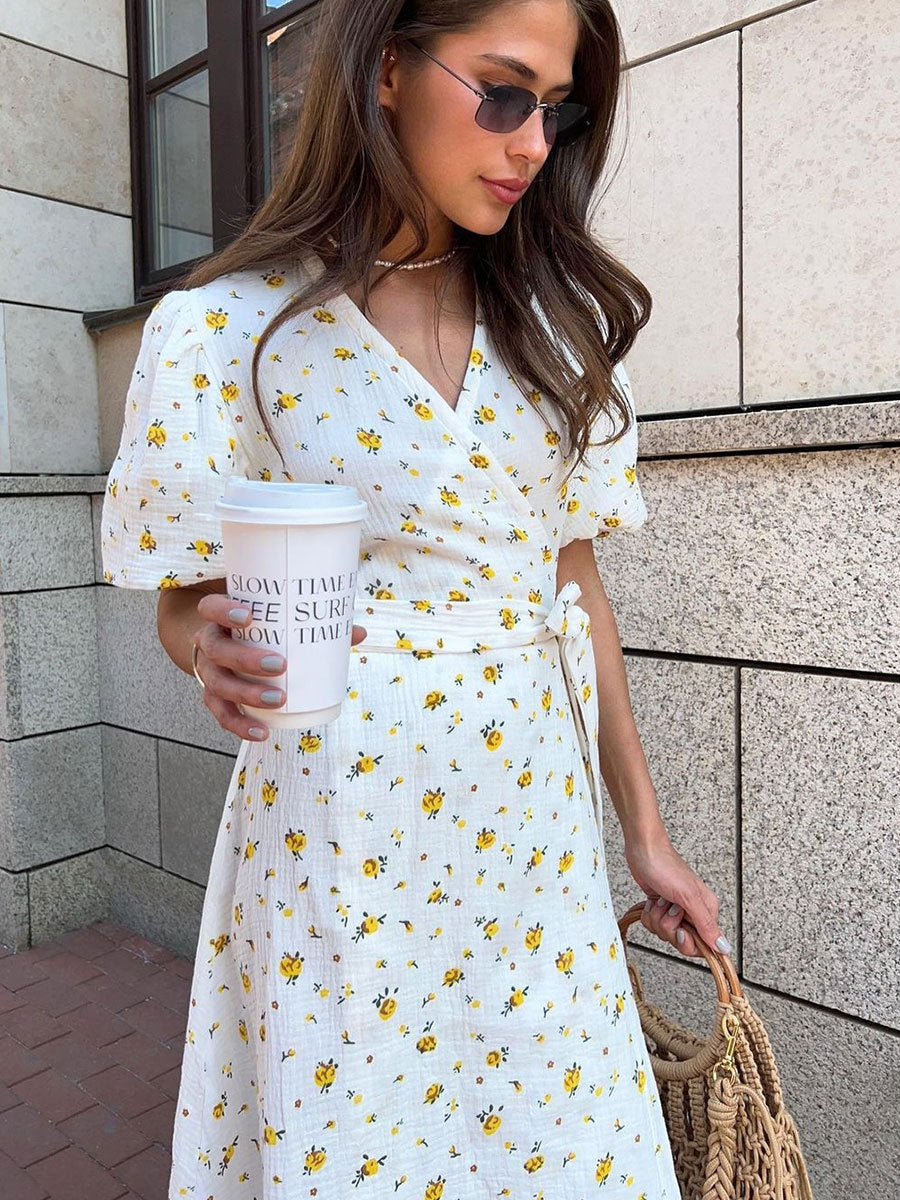 Pure Cotton Bandage Wrap-up Puff Sleeve Printed Comfort Maxi Dresses