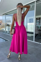 Twist Front Cutout Spaghetti Strap Pocket Side Slit A-Line Midi Dress