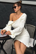 One Shoulder Long Sleeve Ruffle Cuff Lettuce Hem Mini Sweater Dress
