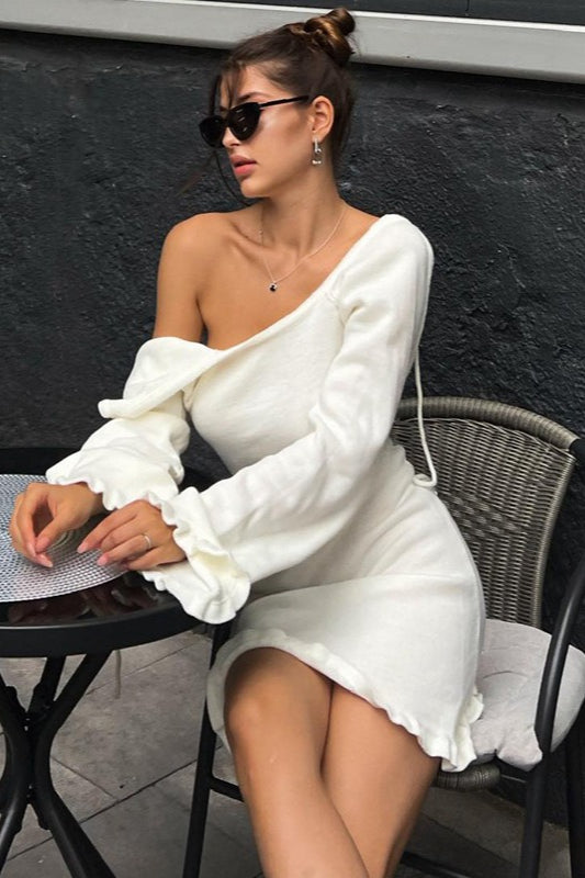 One Shoulder Long Sleeve Ruffle Cuff Lettuce Hem Mini Sweater Dress