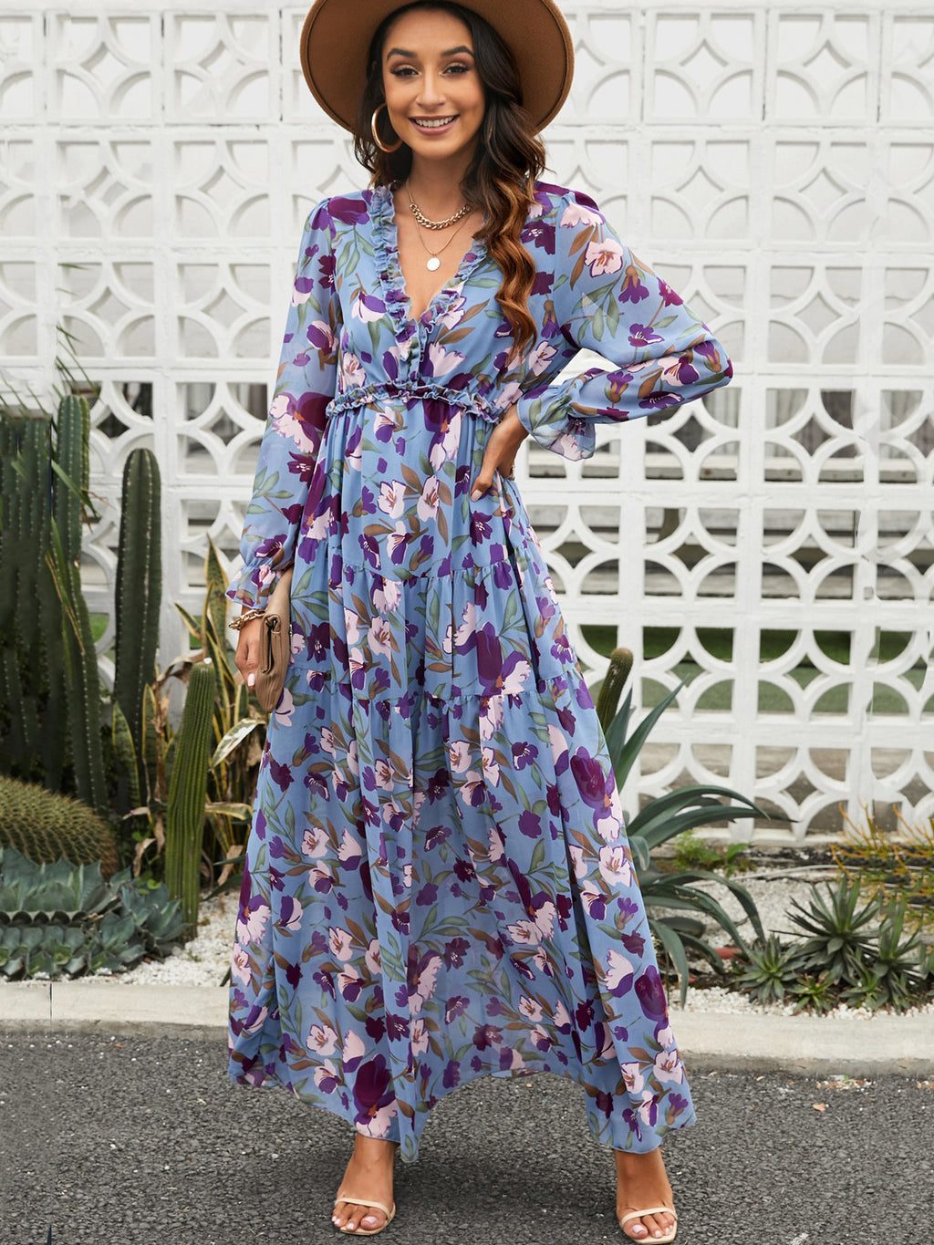 Floral Boho Maxi Dress For Women - High Waist Long Sleeve Ruffle V-Neck Gown - Spring Garden Wedding Guest 2026