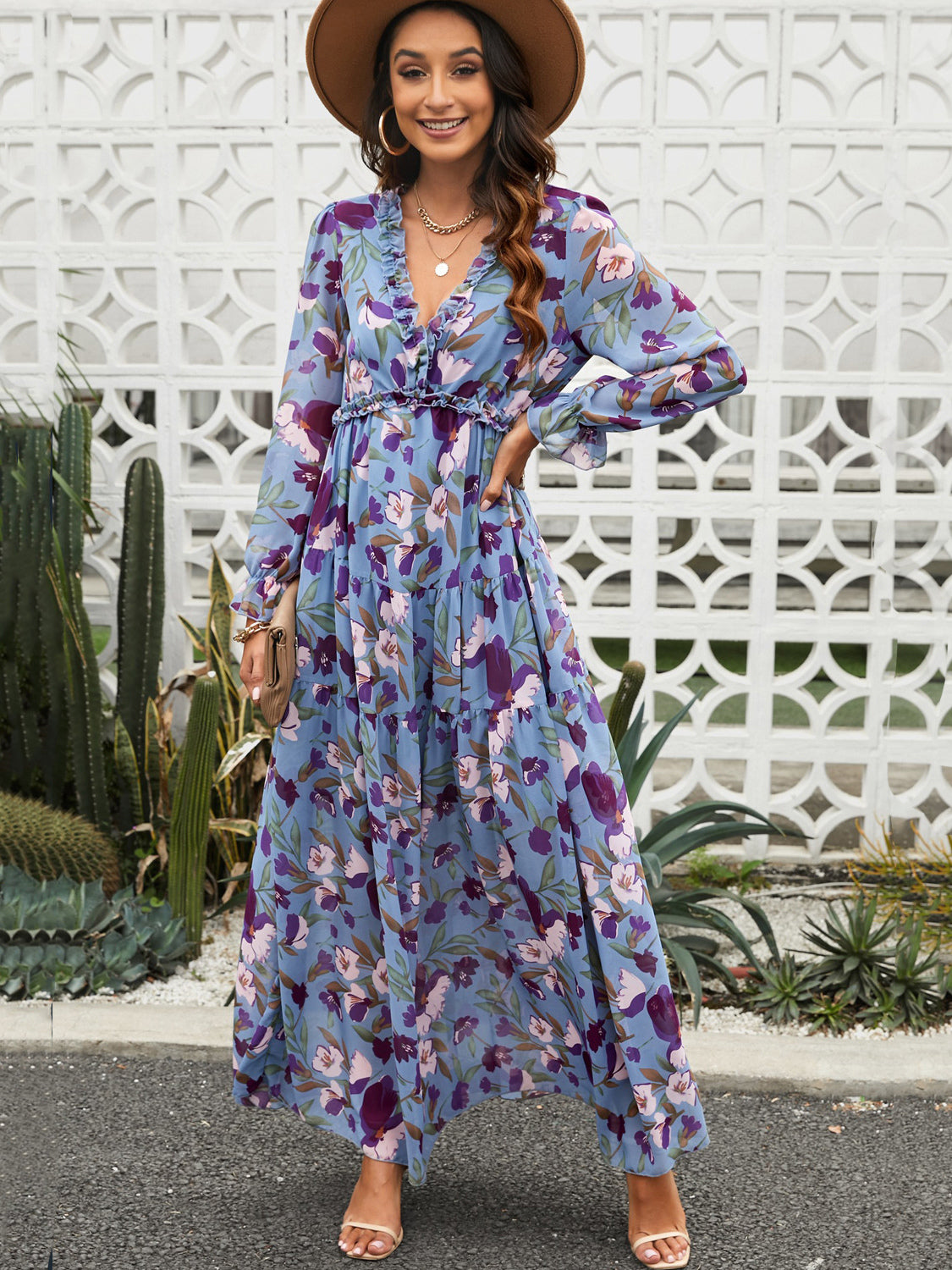 Floral Boho Maxi Dress For Women - High Waist Long Sleeve Ruffle V-Neck Gown - Spring Garden Wedding Guest 2026