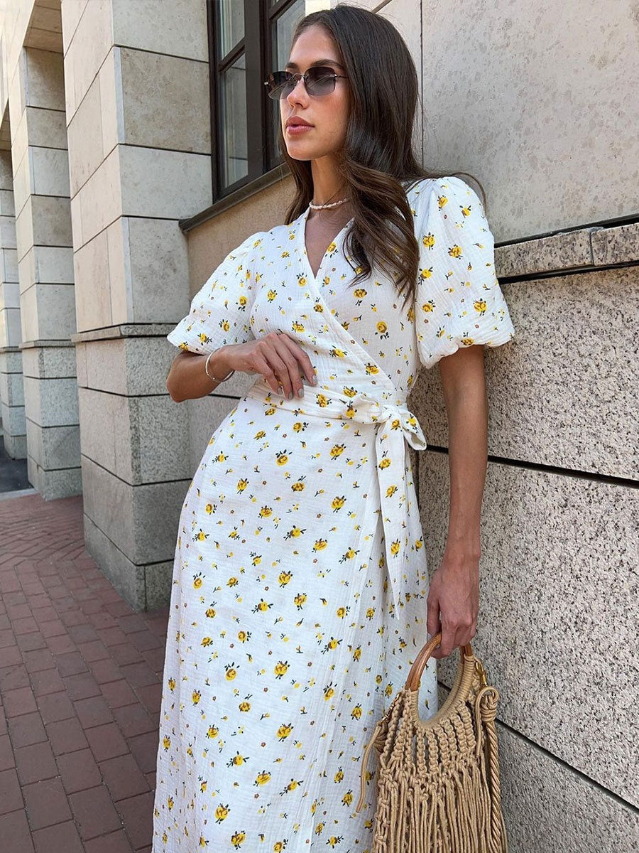 Pure Cotton Bandage Wrap-up Puff Sleeve Printed Comfort Maxi Dresses