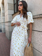 Pure Cotton Bandage Wrap-up Puff Sleeve Printed Comfort Maxi Dresses