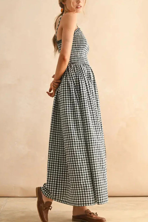 Stylish Plaid Print Spaghetti Strap Ruched Casual Pocket Maxi Dress