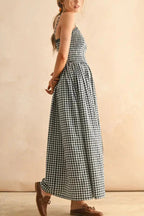 Stylish Plaid Print Spaghetti Strap Ruched Casual Pocket Maxi Dress