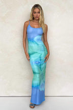 Gradient Floral Spaghetti Strap Fitted Bodycon Maxi Dress