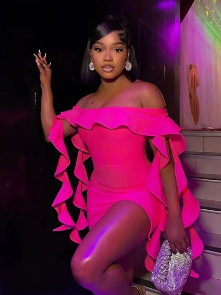 Off Shoulder Ruffle Cascade Sleeve Side Slit Mini Dress