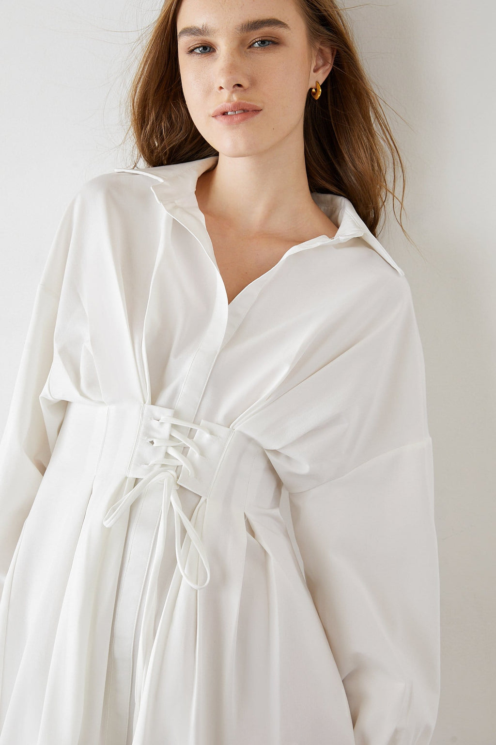 Pointed Collar Puff Sleeve Lace-Up Corset Waist Shirt Mini Dress