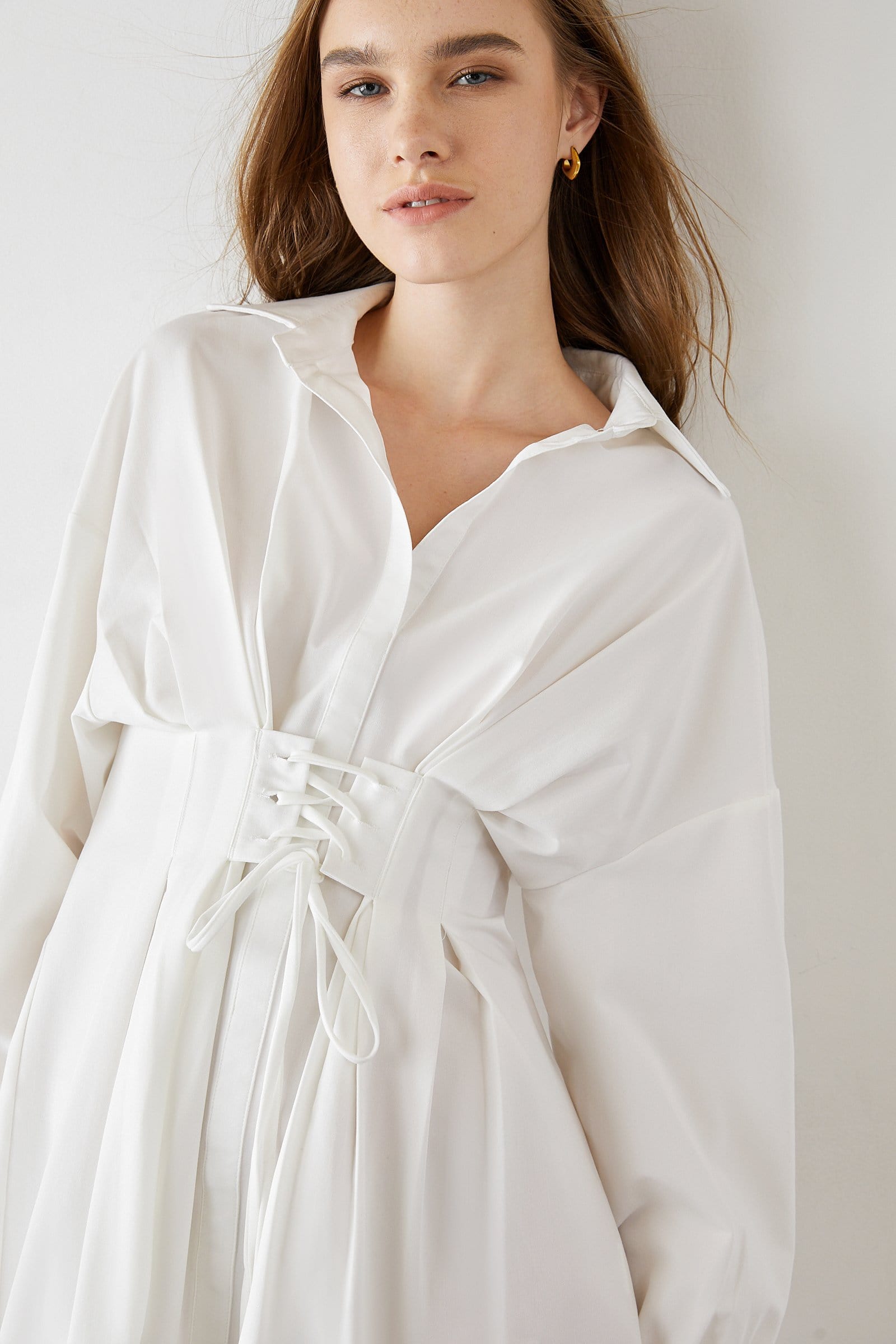 Pointed Collar Puff Sleeve Lace-Up Corset Waist Shirt Mini Dress