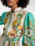 Collared Button Front Puff Sleeve Paisley Print Tie Waist Tiered Midi Dress