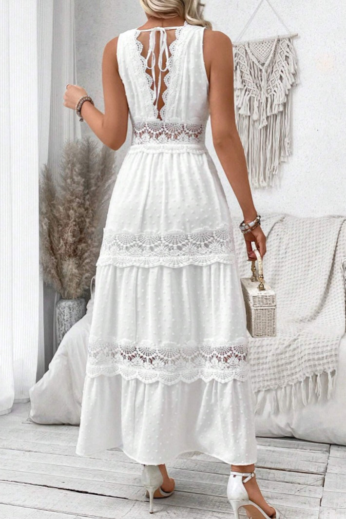 White Deep V Neck Swiss Dot Lace Panel Tiered Maxi Dress