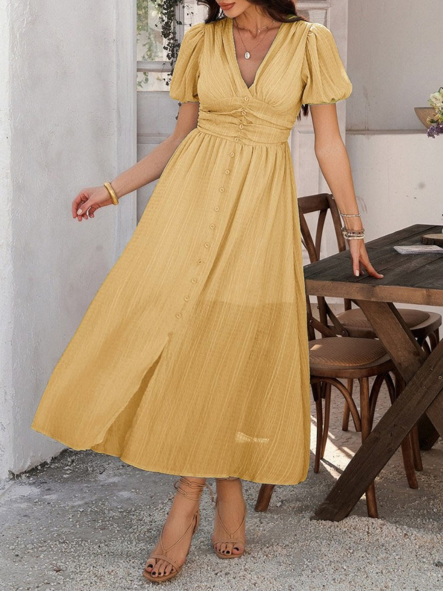 Slit Short Sleeve V-neck Vacation And Leisure Maxi Dresses