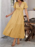 Slit Short Sleeve V-neck Vacation And Leisure Maxi Dresses