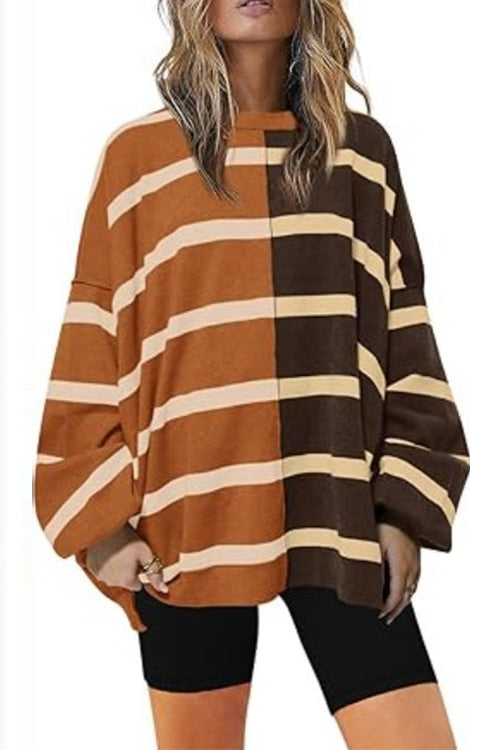 Long Sleeves Color Block Striped Oversized Sweatshirt