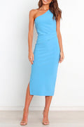One Shoulder Ruched Side Split Midi Pencil Dress