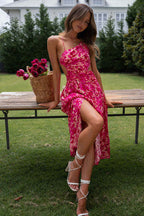 One-Shoulder Ruched Side Cutout High Slit Floral Midi Dress