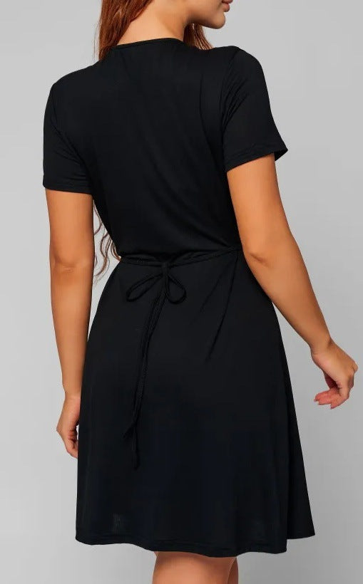 Short-sleeved V-neck Solid Color One-piece Short Dress
