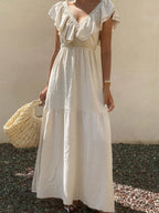 Lace-trimmed Loose-fitting V-neck Apricot Long Dress