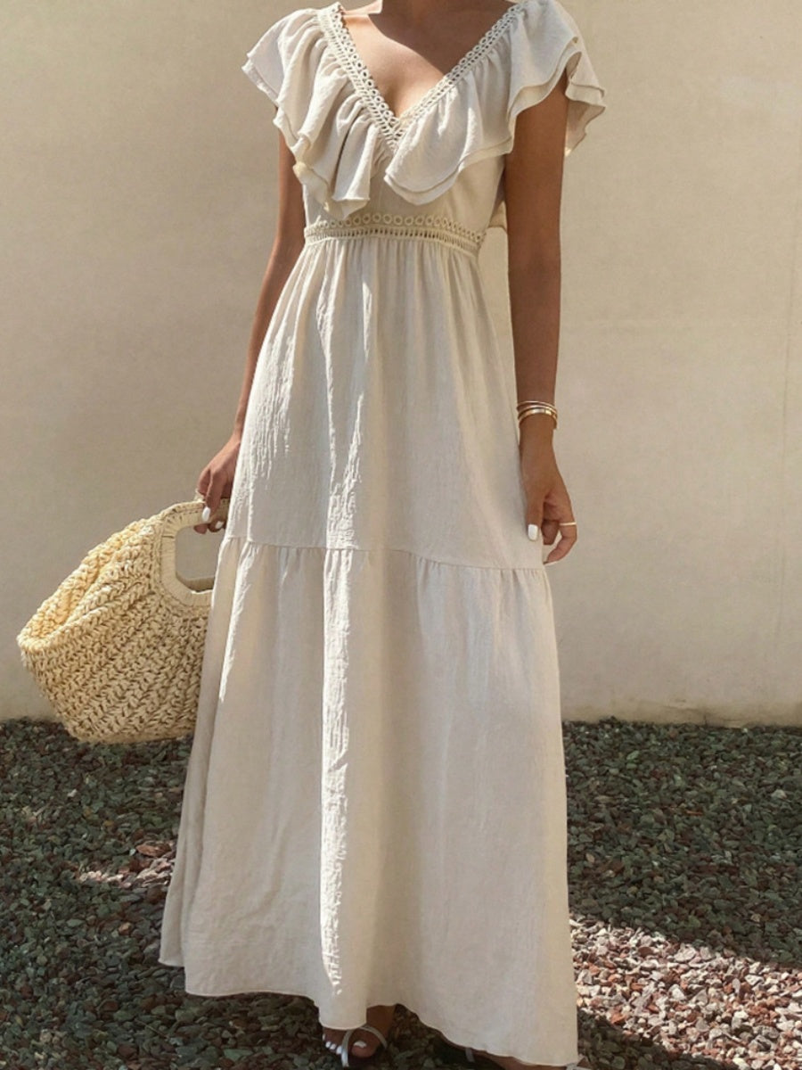 Lace-trimmed Loose-fitting V-neck Apricot Long Dress