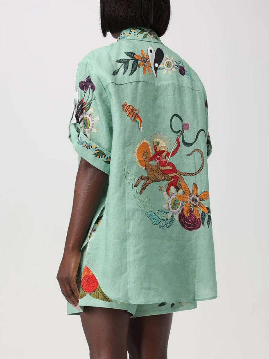 Printed Vacation Long-sleeved Shirt Shorts Set 2-piece Sets