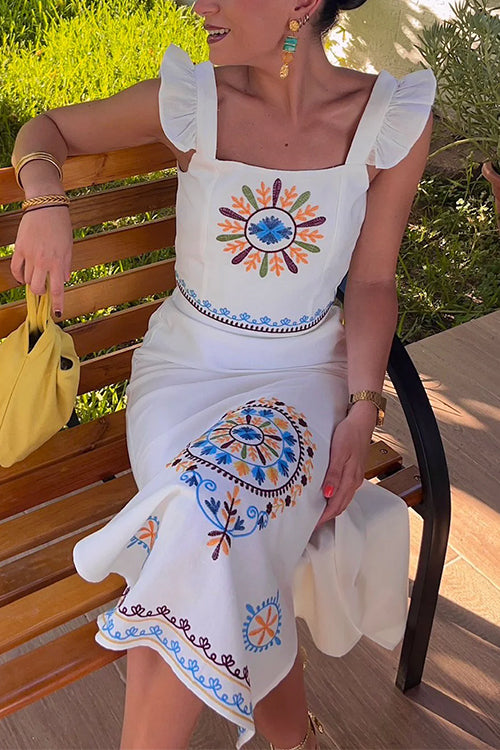 Unique Print Ruffle Cami Crop Top Side Slit Midi Skirt Set