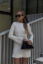Long Sleeve Ribbed Knit Slit Cuff Bodycon Mini Dress